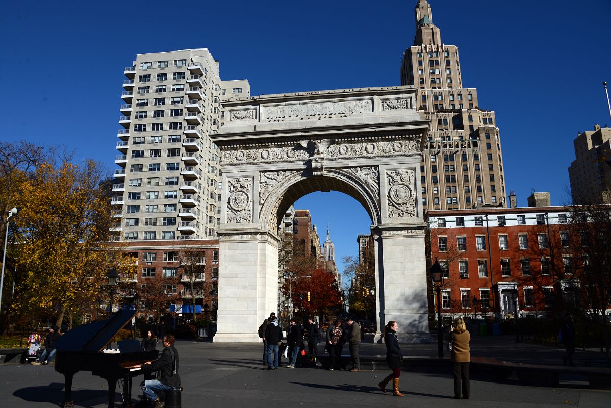 09 New York Washington Square Park Piano, Washington Arch With 2 Fifth Ave, Empire State Building, One Fifth Ave In Autumn